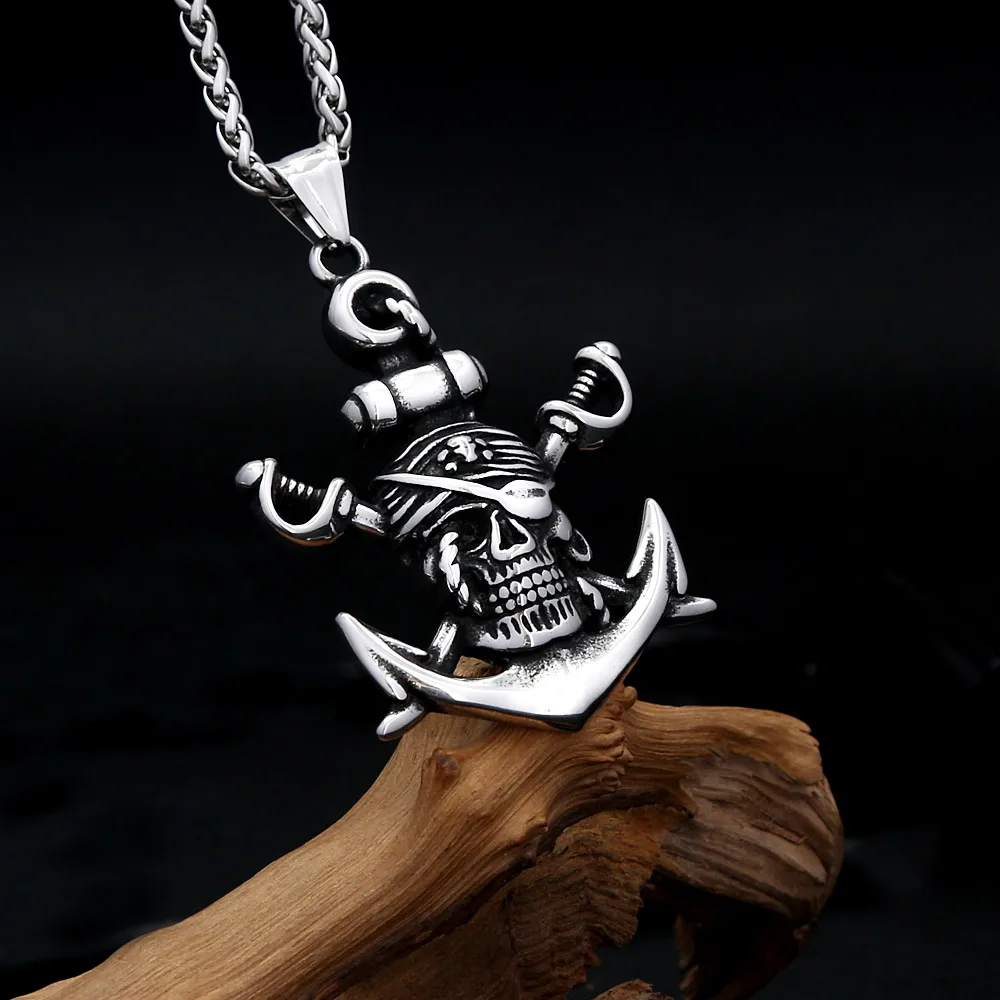 Gothic Pirate Anchor Skull Stainless Steel Pendant Necklace Pirate Skull Nautical Amulet For Men And Women Punk Fashion Jewelry view 5