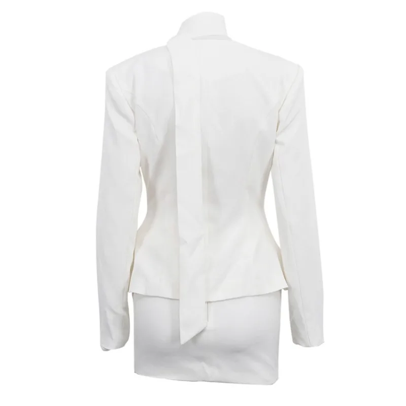 Elegantes Damen Weißes 2-Teiliges Anzug-Set V-Ausschnitt Langarm Peplum-Blazer Hochgeschnittener Rock Büro Pendler Formelles Passendes Outfit – Detail 5