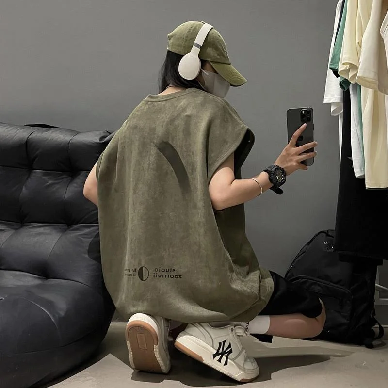 

Американская замшевая спортивная футболка унисекс с круглым вырезом, свободного кроя, для молодежи, летняя, повседневная, без рукавов