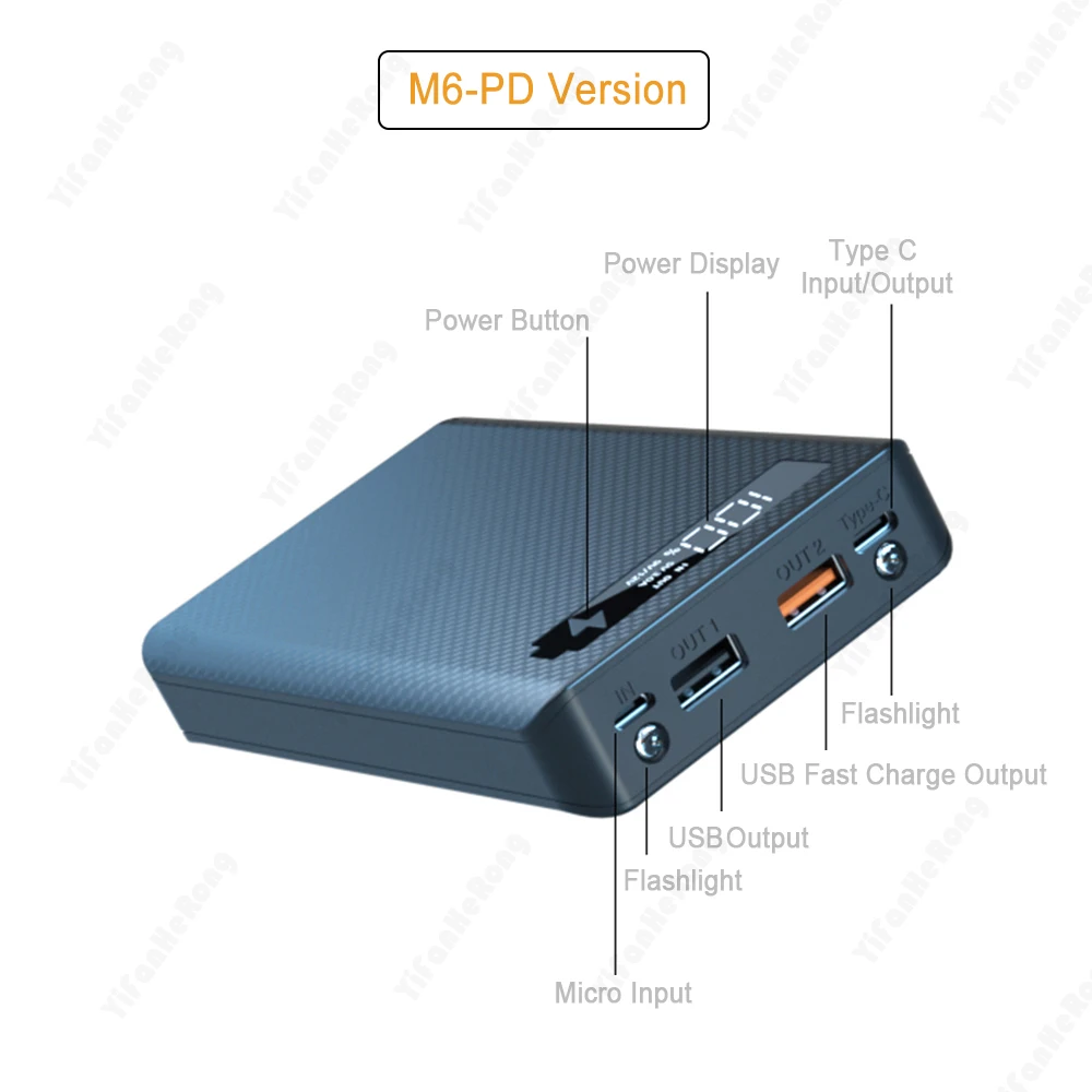 M6 Quick Charge Version Detachable 6x18650 Power Bank Case Dual USB Mobile Phone Charge QC 3.0 PD DIY Shell 18650 Battery Holder