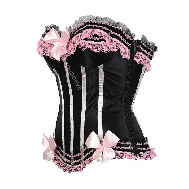Sapubonva Lace up corsets bustiers top sexy satin overbust corset striped ladies satin halloween big size red black pink korsett