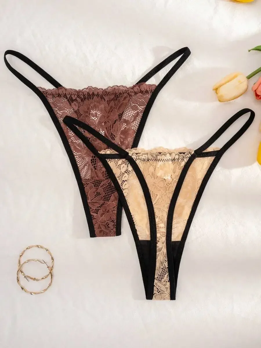 

Women Lace Trim Thong Panties Solid Color Comfortable G-String