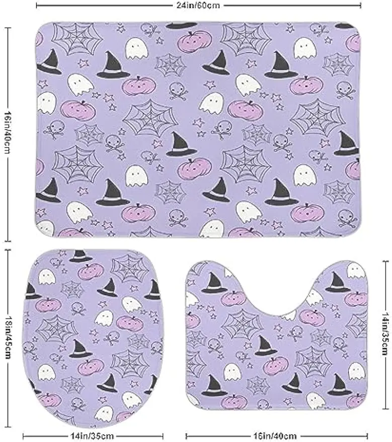 Pink Purple Ghost Bath Mat Set 3 Piece Boo Halloween Soft Bathroom Rugs Bath Mat Contour Rug and Toilet Lid Cover Sets