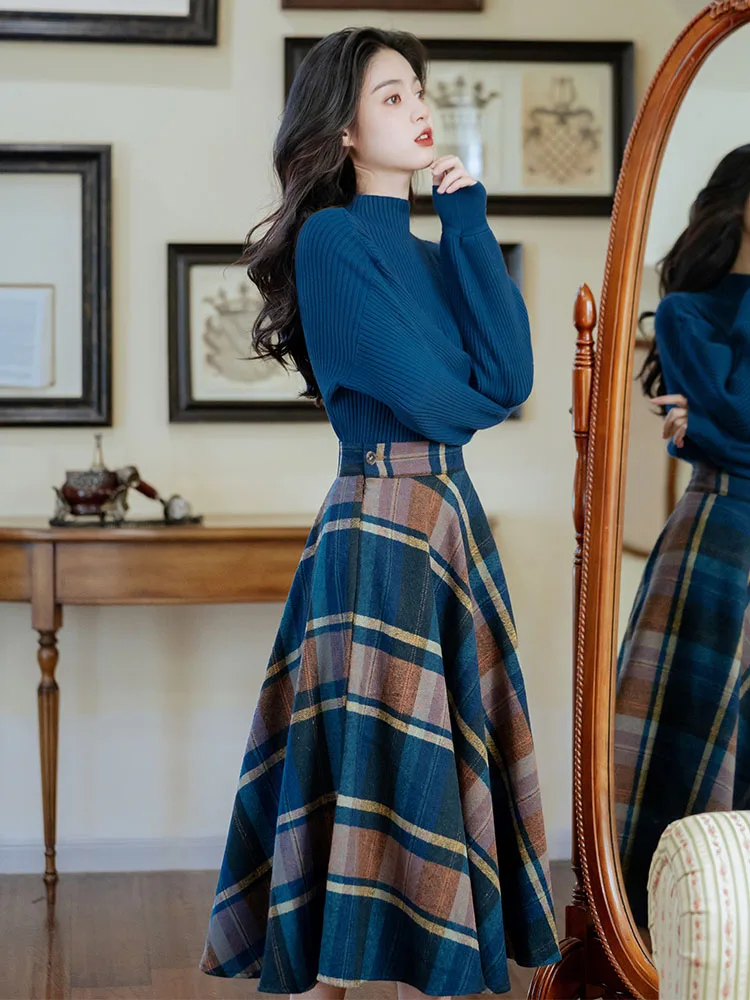 Vintage Elegant Two Piece Skirt Set Women Spring Autumn Long Sleeve Blue Sweater and Long Skirts Winter Outfits