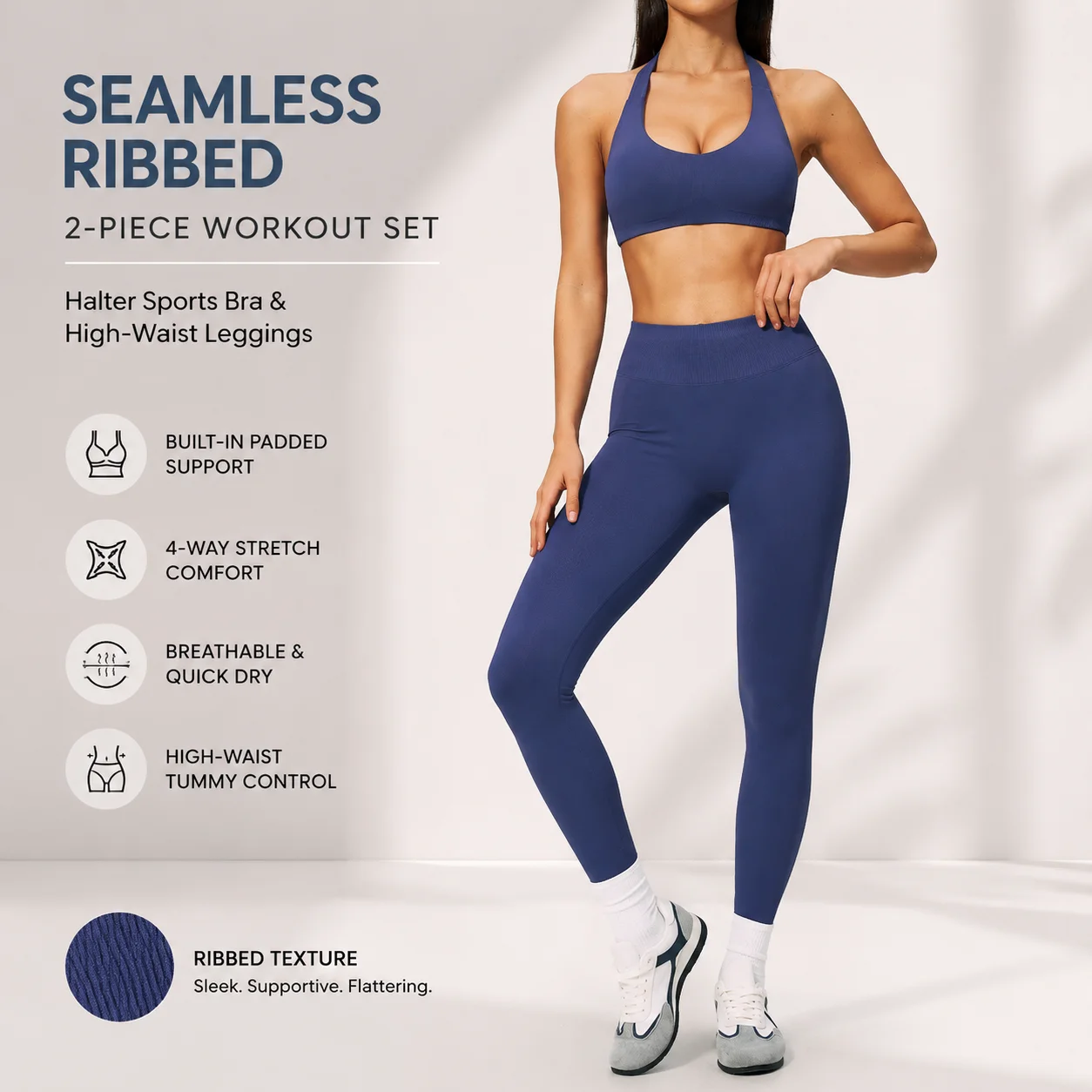 Women's Halter Deep V-Neck Sports Bra and High Waist Seamless Leggings Set 2-Piece Yoga Workout Outfit with Tummy Control Compre