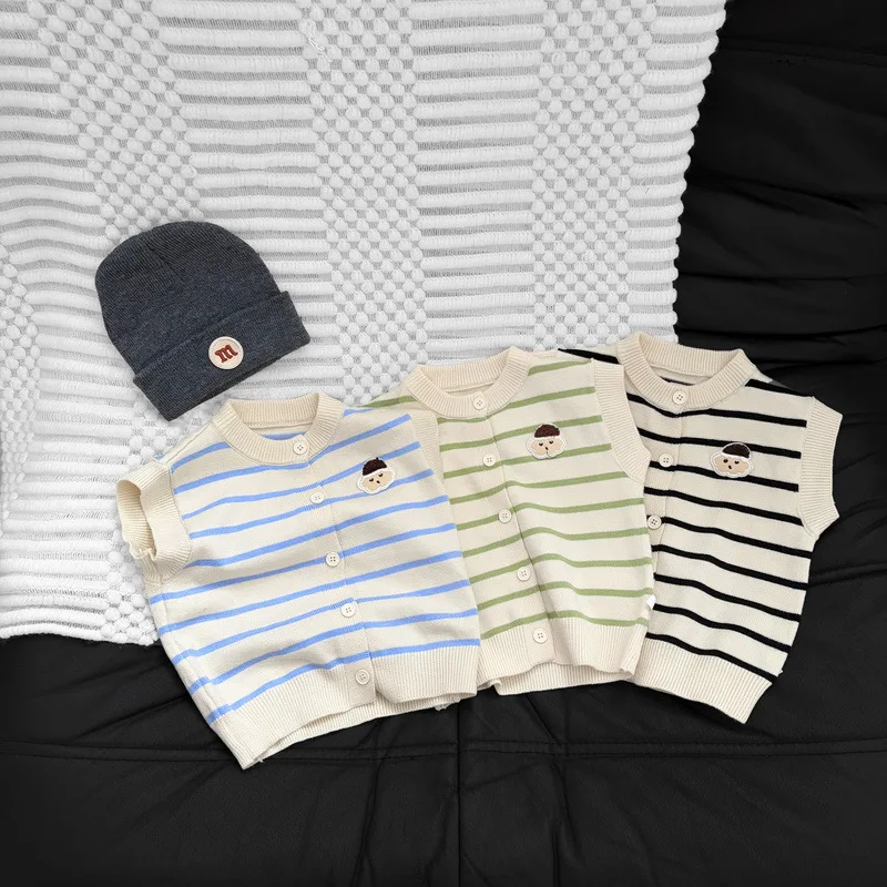 2026 Autumn New Baby Sleeveless Knitted Vest Boys Striped Sweater Vest Cotton Girls Cartoon Embroidery Cardigan Toddler Clothes