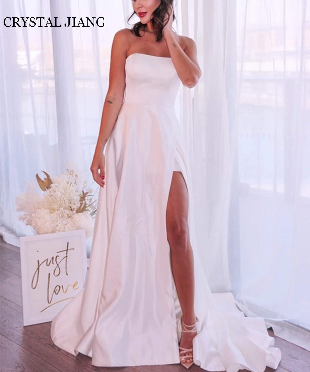 

Vintage Long Wedding Dresses فساتين الحفلات Strapless Satin Sleeveless with Slit A Line Sweep Train Robe De Soiree Femmes