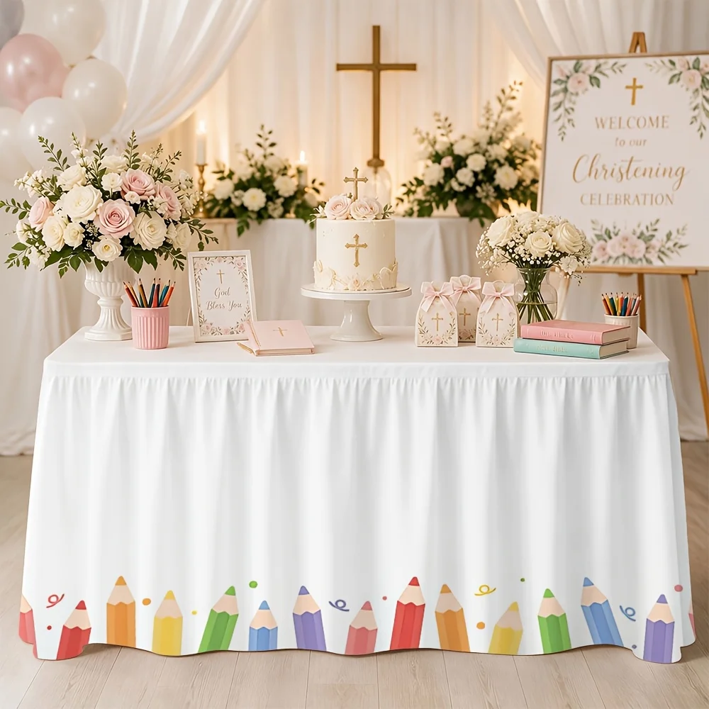 One-piece set.School-themed colored pencil printed tablecloth table skirt. Suitable for party,kitchen and restaurant decoration.