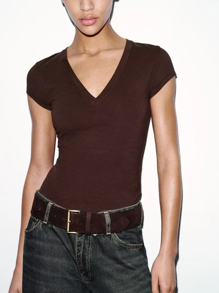 Summer 2026 New Sweet Fashion Short Sleeve Slim V-Neck T-Shirt Multi-Color Selection Women's Fashion Future Sensation Frontal...