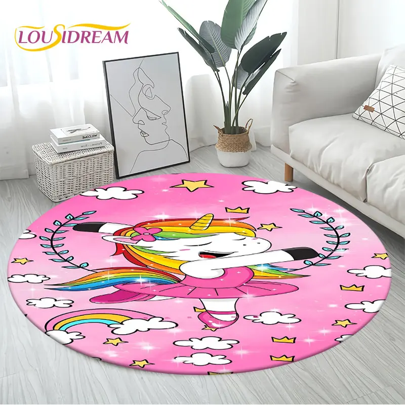 3D Cartoon Cute Unicorn Area Rug Large,Round Carpet Rug for Living Room Bedroom Sofa Decoration,Children Play Non-slip Floor Mat