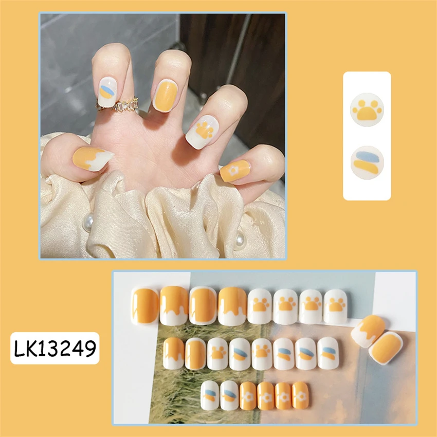 

24Ps/Set Childish Designs Sticky Wearing False Nails Fresh Cute Acrylic Press on Nail French Artificial Removable Fake Nail Tips