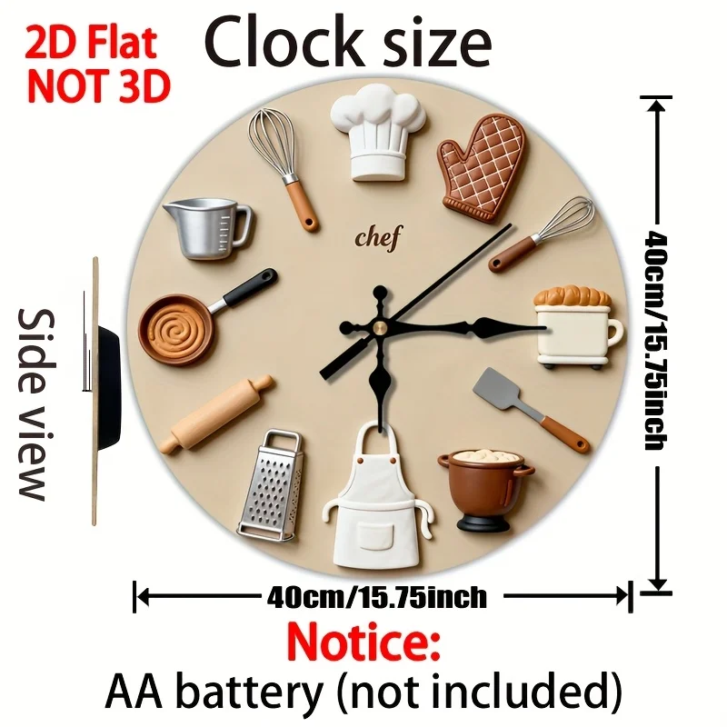 2D Flat. 1pc. Chef-Themed Creative Wooden Wall Clock, Battery-Operated (AA Not Included), 13.78/15.75 Inches, Home Decor