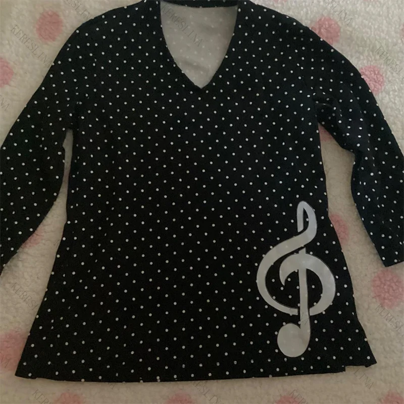 Y2K かわいい水玉模様の音符プリント女性の薄い長袖ヴィンテージ原宿エモガールズストリートヒップホップパンクスリムトップス