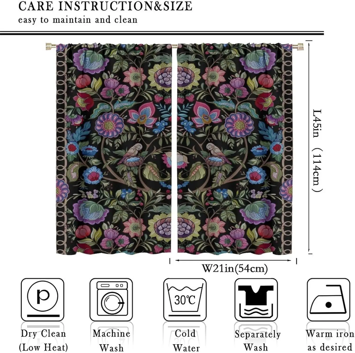 William Morris Curtains, Classic Botanical Floral Vintage Flower Print Room Darkening Door Window Rod Pocket Curtain