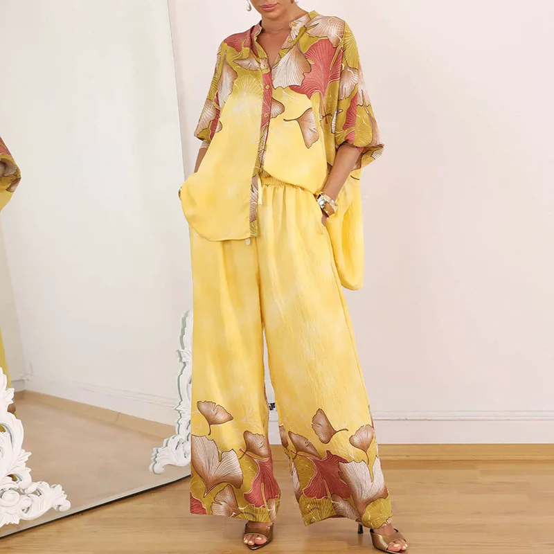 

Elegant Long Sleeve Tops&Pants Outfits Vintage Floral Printed Loose Commuting Sets Fashion Satin Women's Casual Two Piece Sets