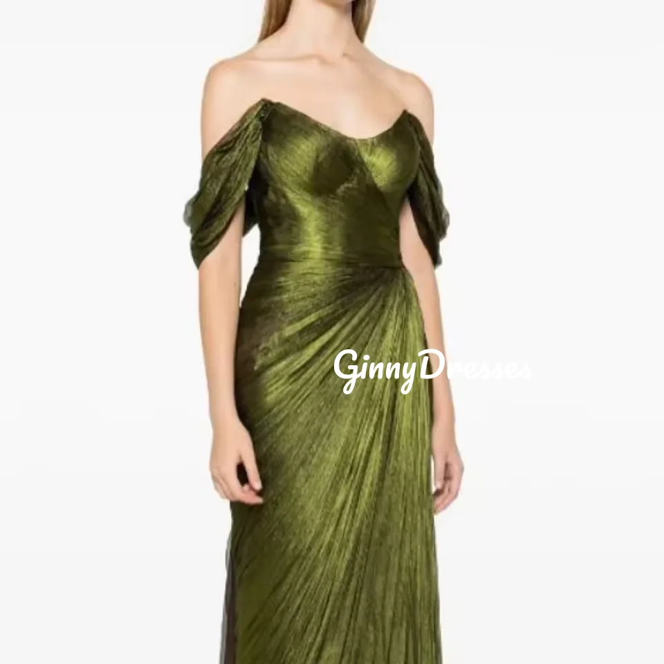 Customized Dresses For Prom A-Line Off-The-Shoulder Neckline Floor-Length Ruffle Luxury Evening Dresses Short Sleeves Zipper Up