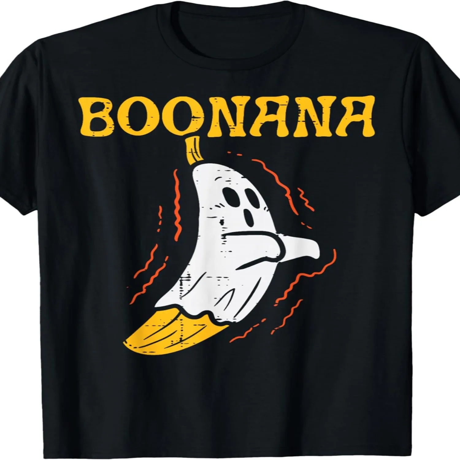 Boonana Banana Costume T-Shirt for Men, Women Kids - Soft Cotton Black Yellow BOONANA Print with Smiling Banana Peel Design, Slight Stretch Fit Crew Neck Short Sleeve Tee for Halloween Party O Graphic Tee, Vintage Style Tee,