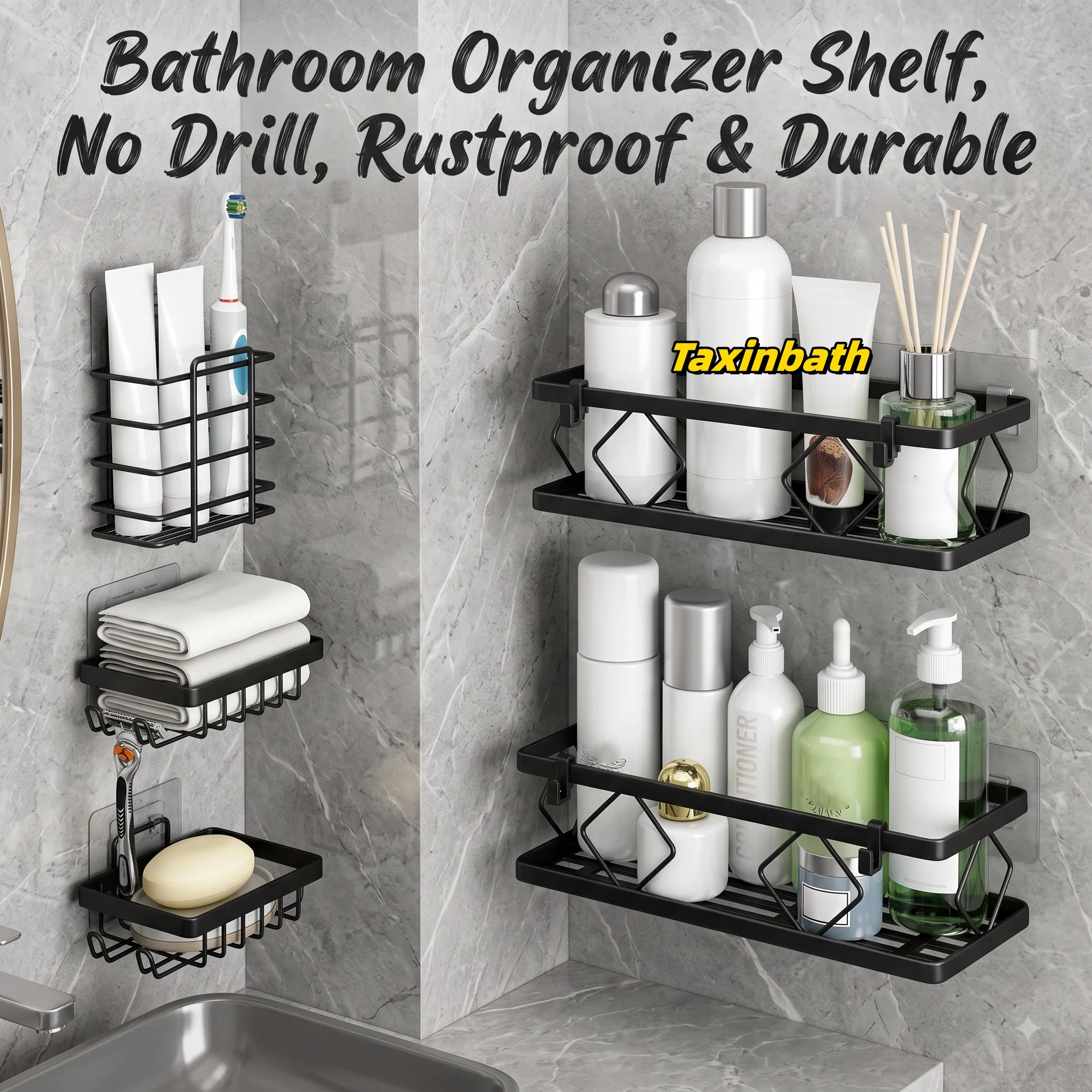 Carbon Steel Rustproof Bathroom Shower Storage Rack Soap Toothpaste Toothbrush Shampoo Storage Shelf 5Pieces Storage Basket