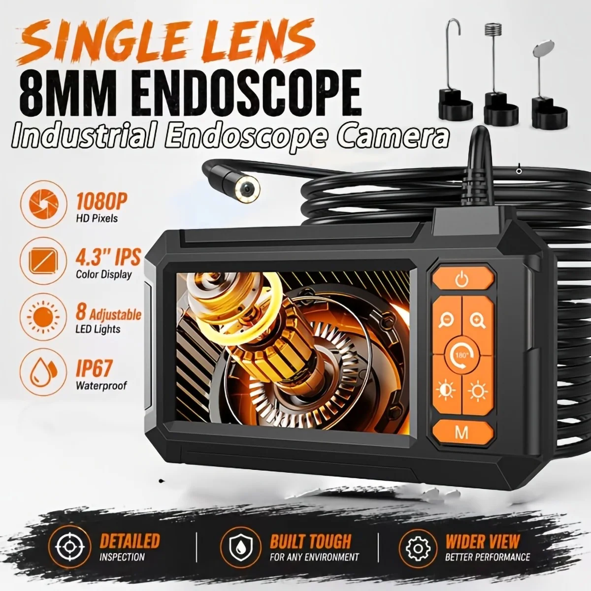 Telecamera endoscopica industriale HD 1080P, schermo da 4,3 pollici, boroscopio USB, obiettivo da 8 mm, luci LED da 8 mm, impermeabile, per ispezioni di tubi e componenti di automobili.