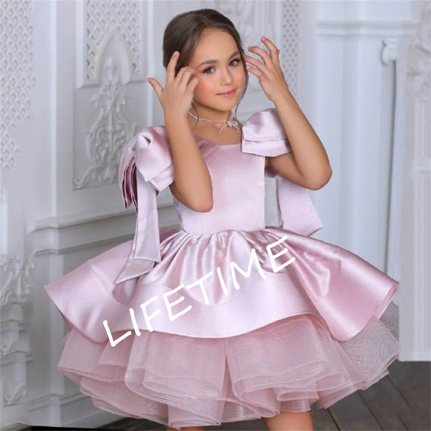 Pink Puff Flower Girl Dress One Shoulder Long Sleeve Sparkling Beading Sequin First Communion Gown Cute Girl Party Dresses