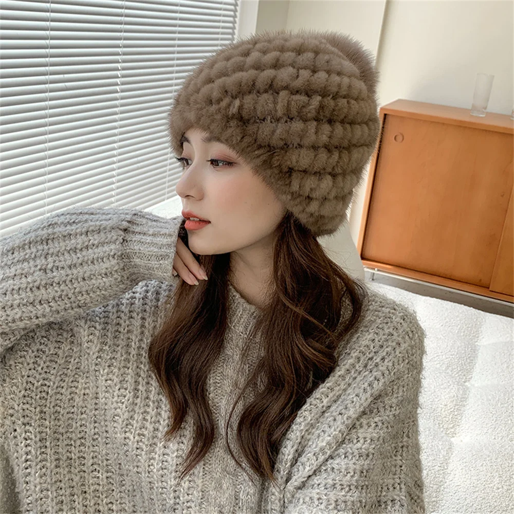 

Winter Women Natural Mink Fur Hat Hand Knitted Warm 100% Genuine Mink Fur Cap Russia Lady Real Mink Fur And Fox Fur Pompoms Hats