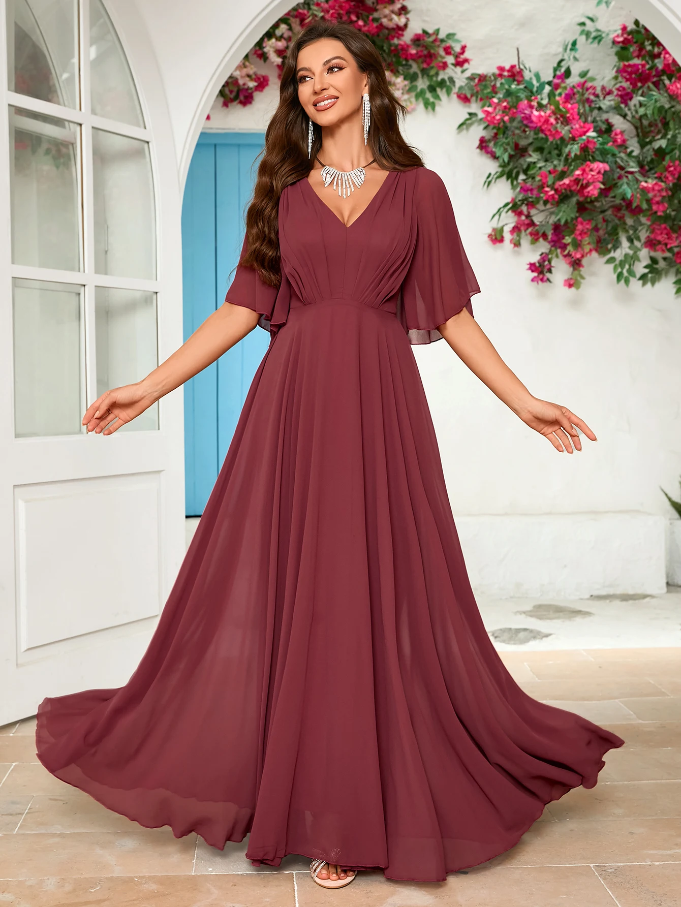 Unithorse Floral Sleeve Ruched Bust Chiffon Bridesmaid Formal Dress