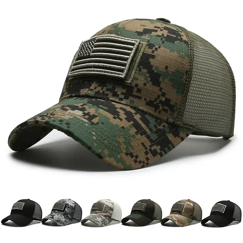 Men Baseball Cap American Flag Camouflage Sticker Patchwork Embroidered Baseball Cap Net Hat Breathable Outdoor Sun Hat