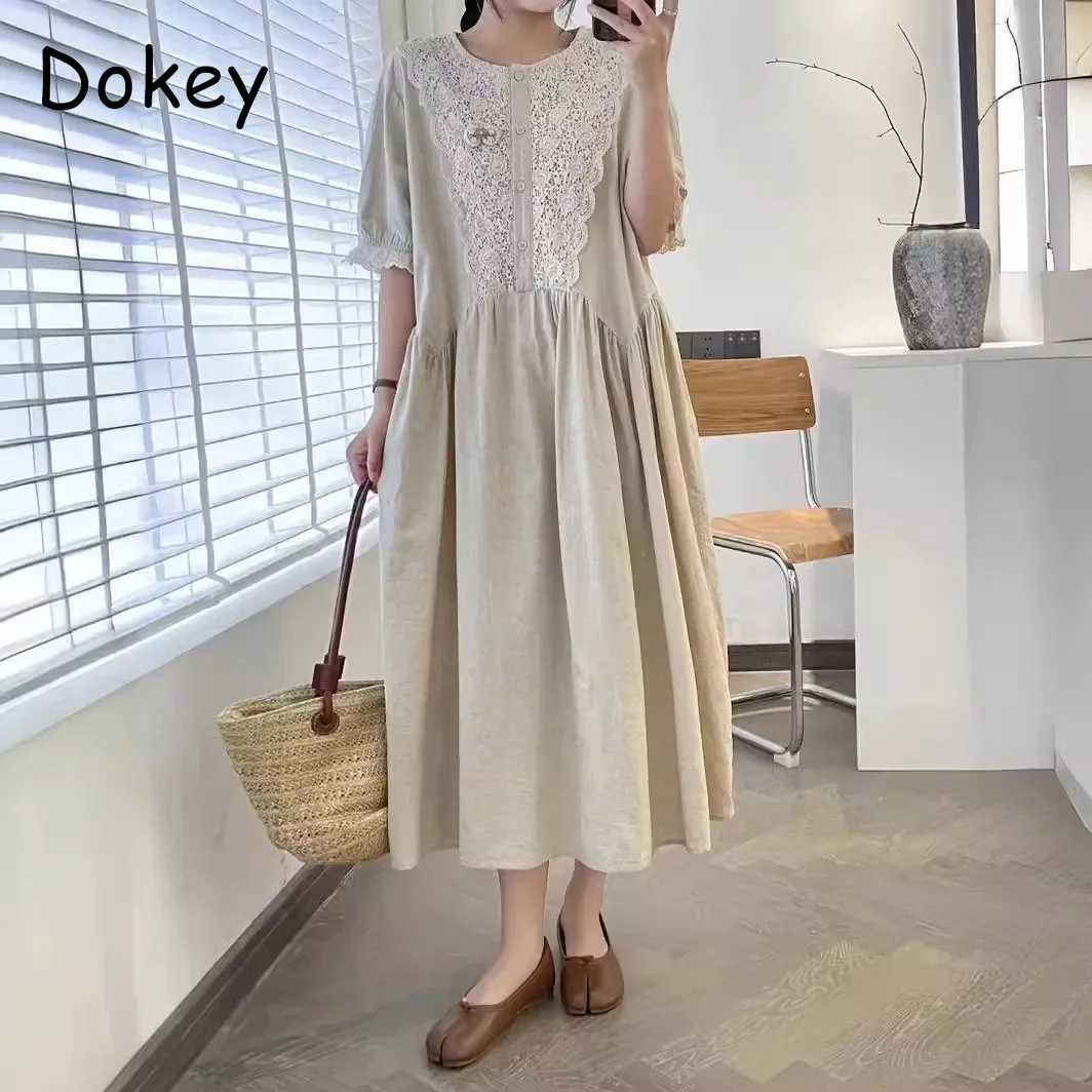 

Vintage Mori Embroidery Cotton Linen Dress Women Elegants O-neck Loose Puff Sleeve Dress Spring Summer A-line vestido feminino