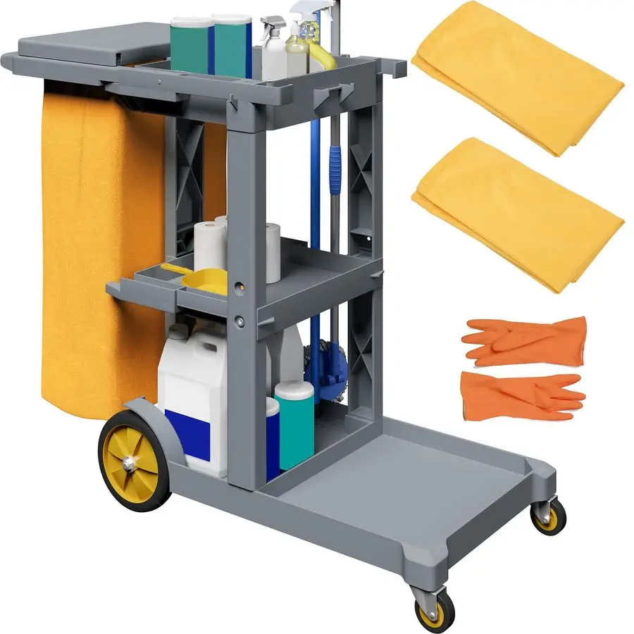 

Janitorial Cart, Cleaning Carts on Wheels, 3Shelf Commercial Traditional Plastic Housekeeping Cart, with 2 Yellow 25 Gallon Viny