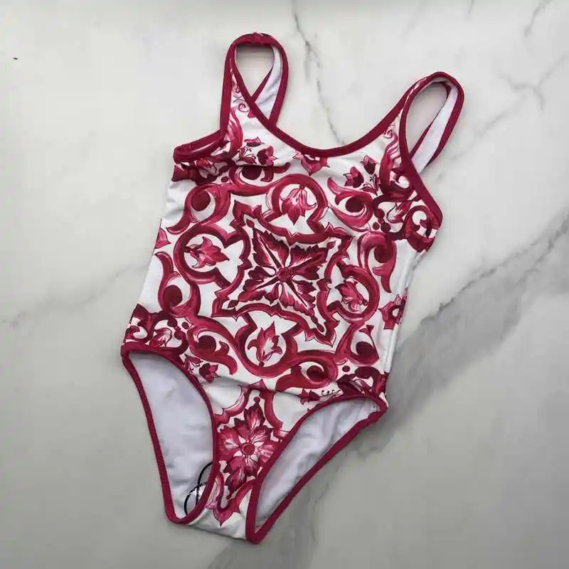 2024 Summer Toddler Kids Swimwear Baby Girls Bikini Children Red Swimwear One-Piece Swimsuit Flower Swimming Wears