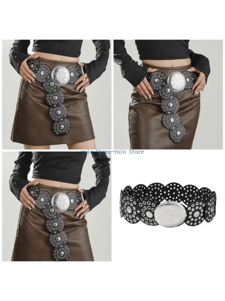 X7XB Exaggerated Teens Carved Round Buckle Belt Eye Catching Coat Jeans Waist Straps