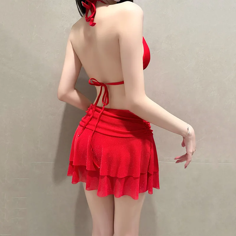sexy oversize red 3d flower bikinis sets 4pcs with flare sleeve cover smock ruffles mini skirt sweet swimsuits swimwear biquini