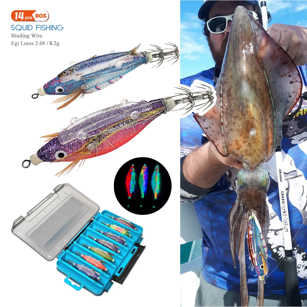 ILURE 14pcs Squid Lure Luminous Squid Jig Egi 2.0# 85mm 8.2g Artificial Bait For Webfoot Octopus Cuttlefish Sea Fishing Lures