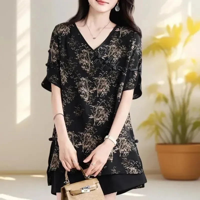 

Женский комплект в китайском стиле: блузка с бамбуковым принтом, V-образный вырез, короткий рукав, свободный крой, повседневный, из двух предметов