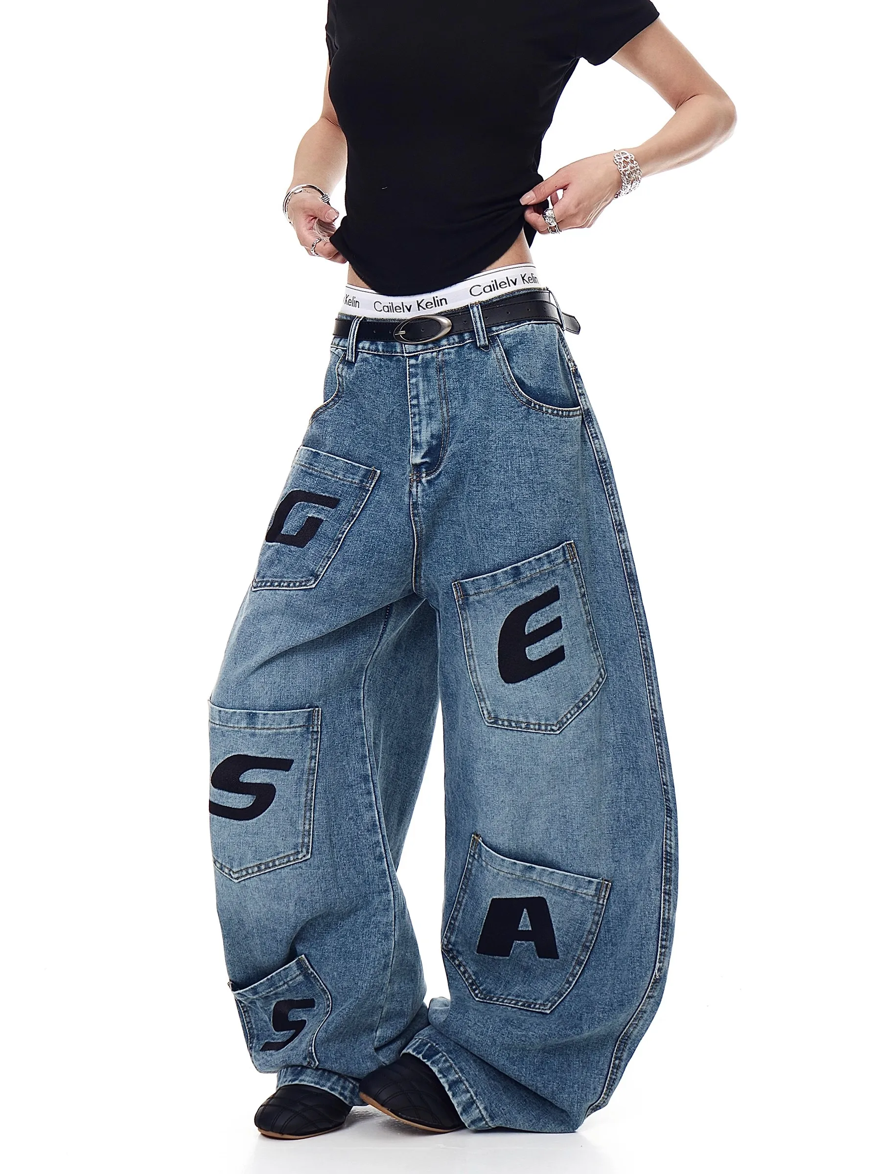 Y2K Pantalones vaqueros con letras estampadas Ropa de trabajo retro americana Pantalones con cuchillo curvo de pierna ancha sueltos con múltiples bolsillos