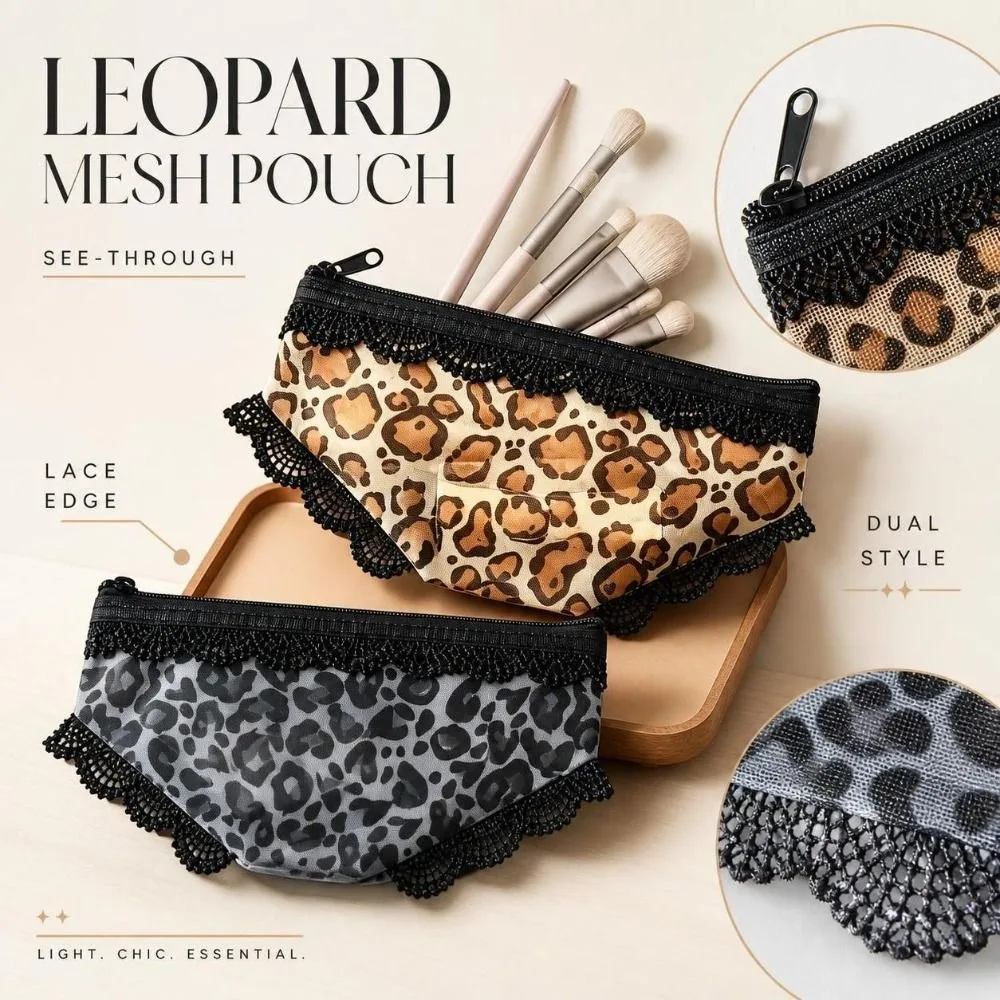 Leopard Print Panties Shaped Makeup Pouch Lace Trimmed Zippered Mesh Cosmetic Bag Portable Lightweight Storage Pouch Daily Use