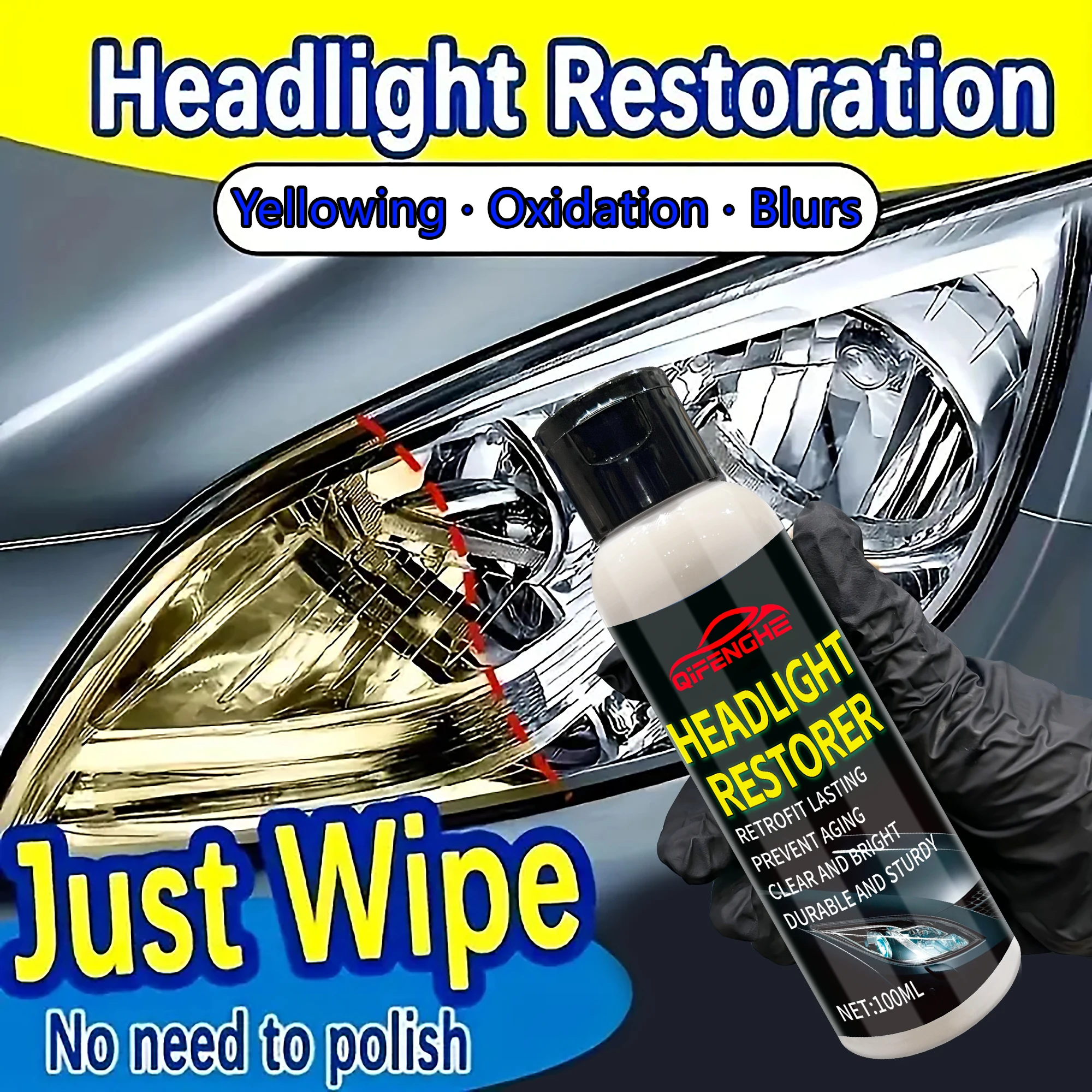 Automotive Headlight Lens Restorer - Advanced Solution for Oxidation, Yellowing & Scratch Removal, Compatible with Various Model