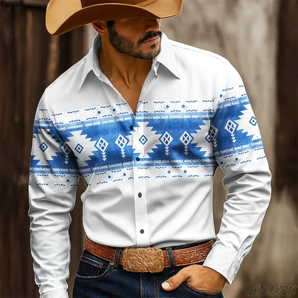 Vintage Southwest Tribal Geometric Border Print Men Long Sleeve Button Down Shirt Western Style Daily Top For