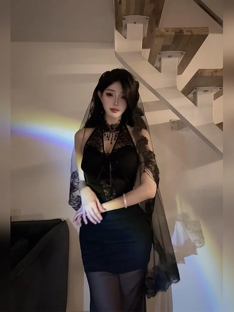 فستان أسود مثير من الدانتيل الشفاف برقبة معلقة، زي هالوين، مقاس كبير، تنورة ضيقة على شكل ذيل حورية البحر، فستان طويل بخصر مرتفع