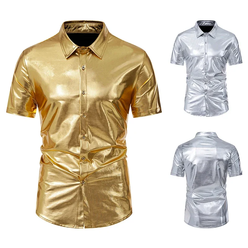 Nightclub Summer Short Sleeve Mens Shiny Shirt Disco Themed Party T-Shirt Mens Clothing Costumes