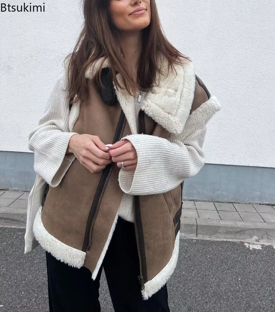 

2025 New Winter Fashion Women Cotton-padded Vest Fashionable Lapel Contract Color Zipper Pocket Thick Spliced Warm Outwear Coat