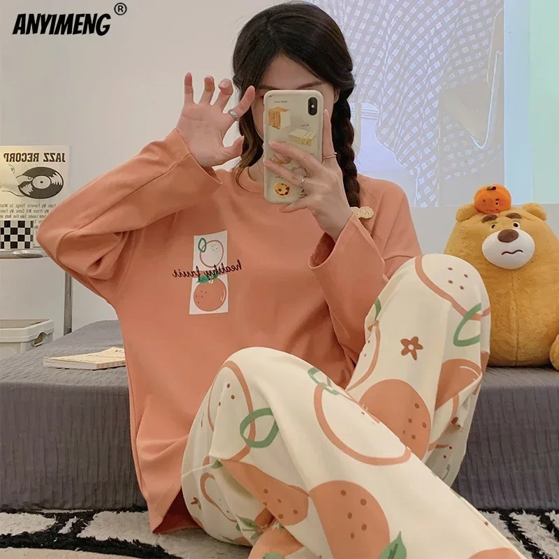 Korean Women Pajamas Set Cartoon Cotton Pajama Korean Long Sleeves Pijamas for O-neck Ladies Nightwear Cute Leisure Sleepwear