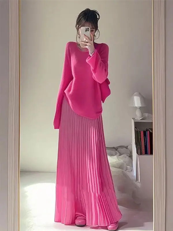 

Spring Autumn Rose Red Knitted Sweater Skirt Set Women's Initial Pure Sweet Cold Style Fashion Set High Waist Loose Fit Casua...