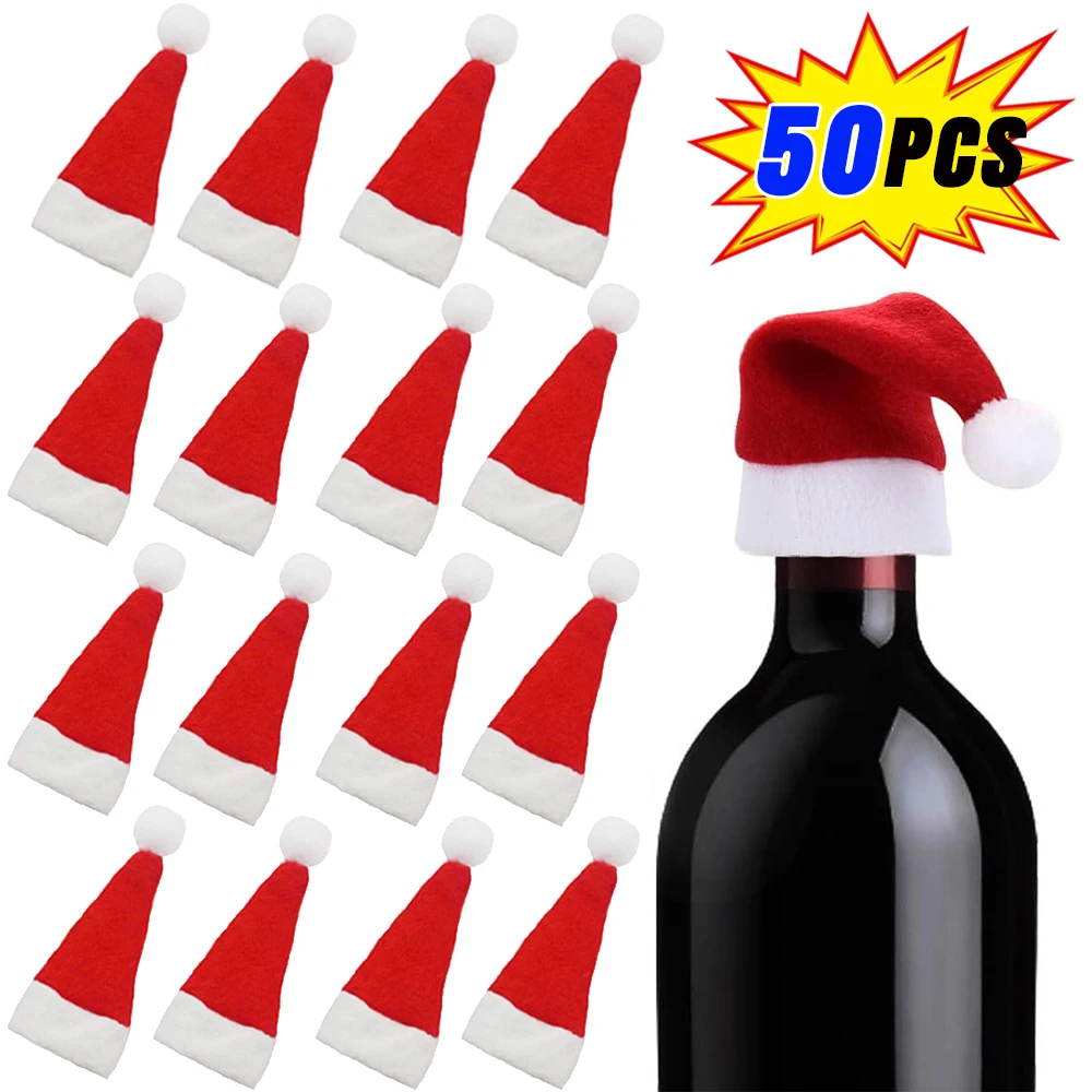 50/1Pcs Mini Santa Hats Wine Bottles Cover Cup Lollipop Hat Fork Knife Cutlery Bag For Xmas New Year Party Dinner Table Decors