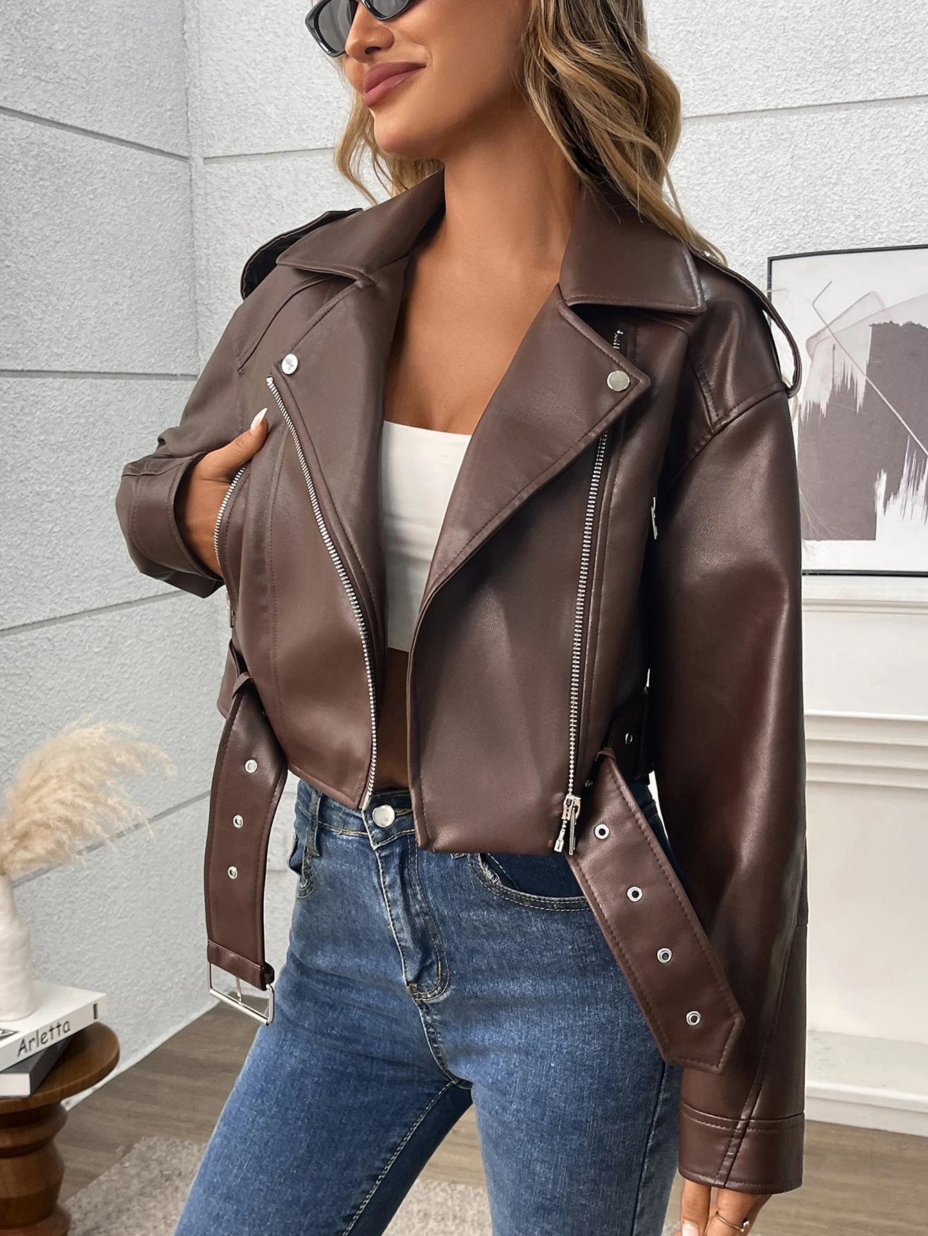 Fitaylor Women Faux Leather Jacket Lady Lapel Motorcycle Leather Outwear Casual Biker Coat