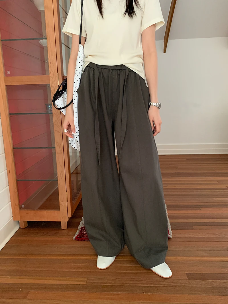Spring and summer women's casual solid color high waisted loose pants