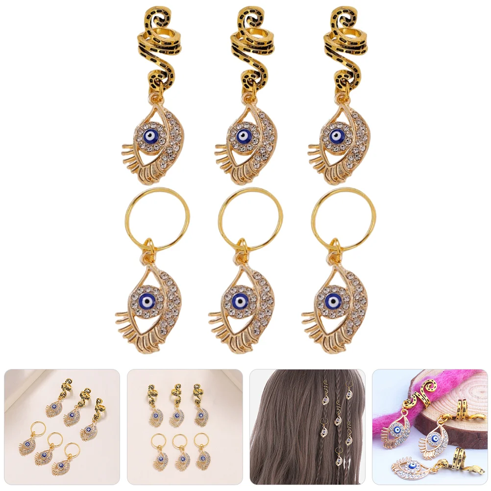 6 Pcs European and American Snake Braid Hair Ring Dreadlock Accessories Cuffs Alloy Evil Eye Pendant Rings Pendants