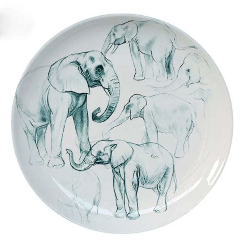 European Elephant Group Imitation Sketch Style Picture Ceramic Commemorative Plate Pendulum Plate Hanging Plate