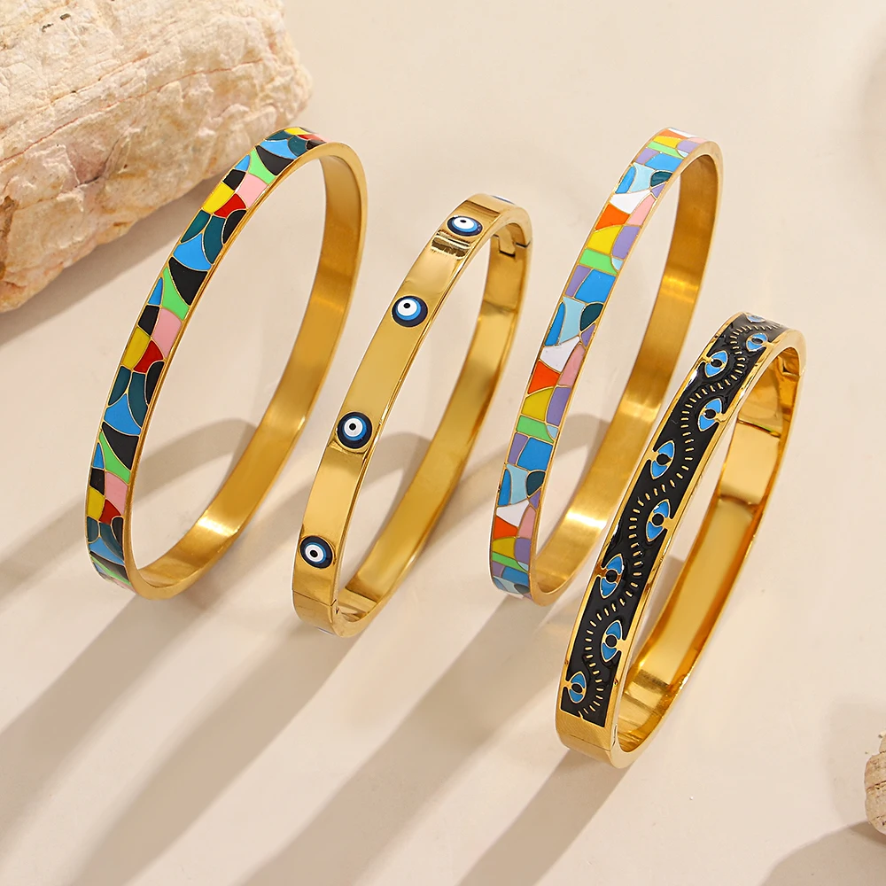 

DODOHAO Vintage Waterproof Stainless Steel Round Opening Bangle for Women Luxury Colourful Layered Gold Color Spring Bangle Y2K