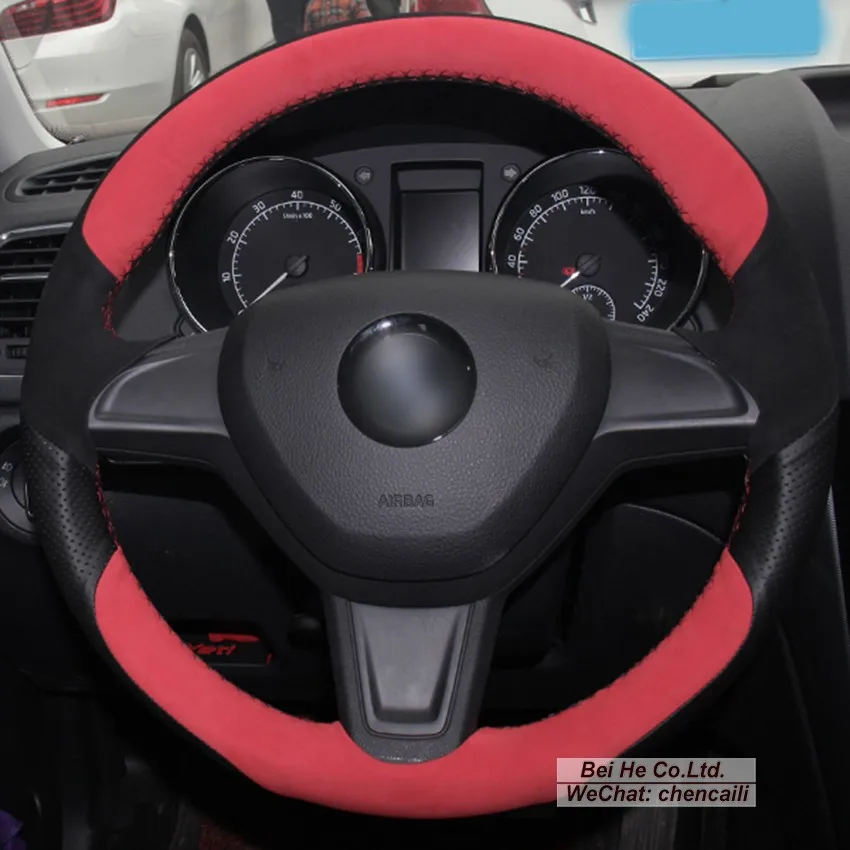 

Нескользящий чехол на руль из натуральной кожи с ручной вышивкой, красный, черный, замшевый чехол на руль для Skoda Yeti 2014-2016, аксессуары для интерьера